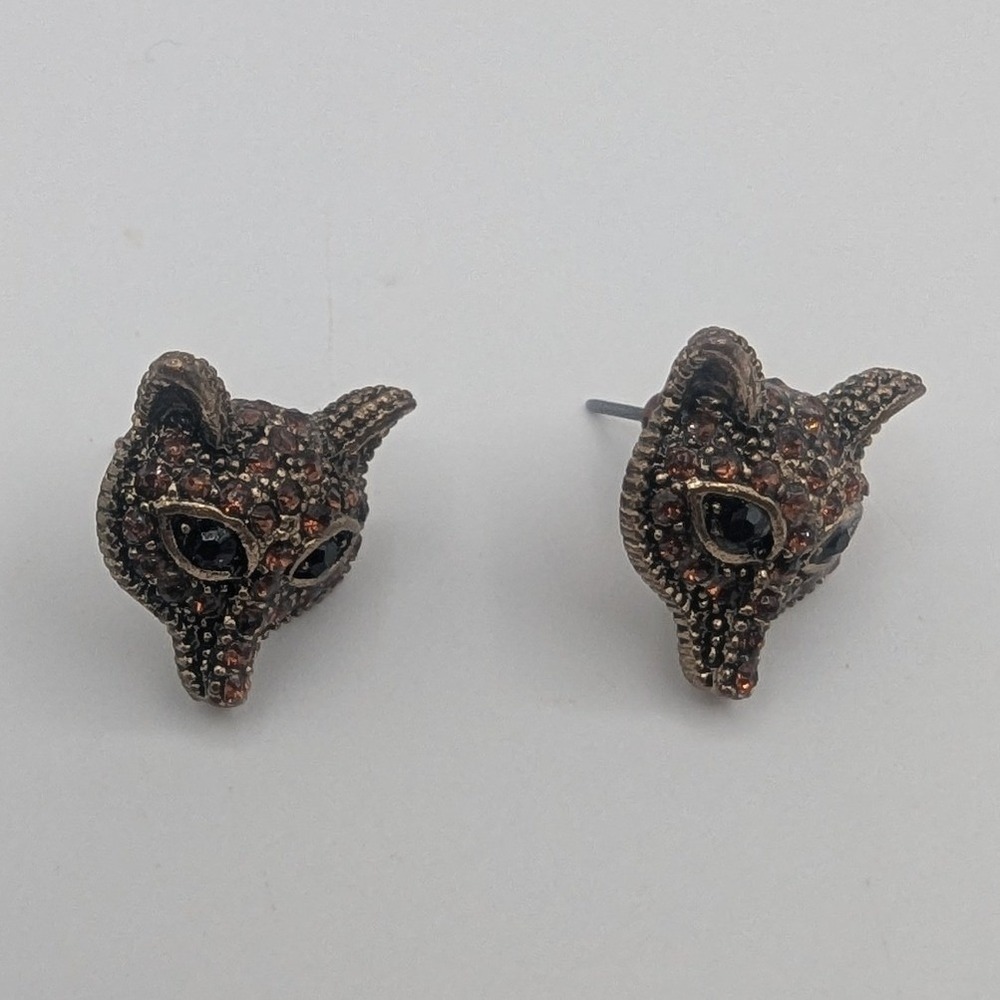 Bronze Tone Rhinestone Fox Head Stud Earrings Woodland Brown Amber Jewelry